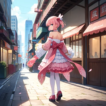 score_9, score_8_up, score_7_up, score_6_up, score_5_up, score_4_up, BREAK source_anime, look at viewer, rating_safe, 1girl, solo, city, cherry blossom, full body, standing, look back, from behind, masterpiece, best quality, high detailed skin, chiyoda momo, blue eyes, pink hair, short hair, momo magic, magical girl, short twintails, wing hair ornament pink bowtie, pink choker, bare shoulders, detached sleeves, pink skirt, layered skirt, frilled sleeves, frilled skirt, lace-trimmed choker, frilled thighhighs, thighhighs,