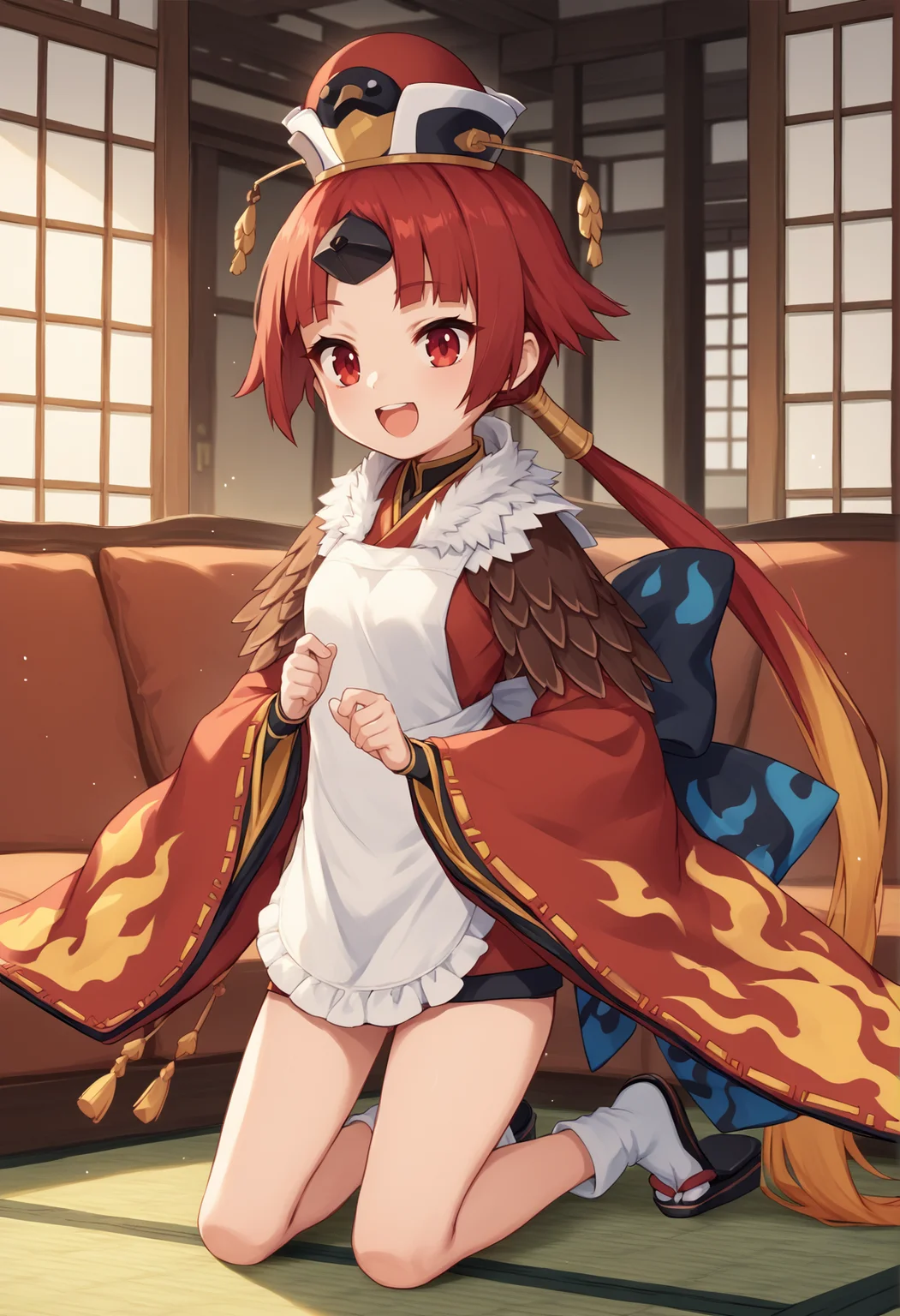 1girl, red eyes, red hair, yellow hair, long hair, Multicolored Hair, low ponytail, single horn, hat, red headwear, japanese clothes, kimono, flame print, wide sleeves, apron, feather trim, feathers, tabi, kneeling, indoors, couch, mansion, smile, open mouth  <lora:Dechi:1>, score_9, score_8_up, score_7_up, score_6_up, score_5_up, score_4_up, BREAK source_anime, masterpiece