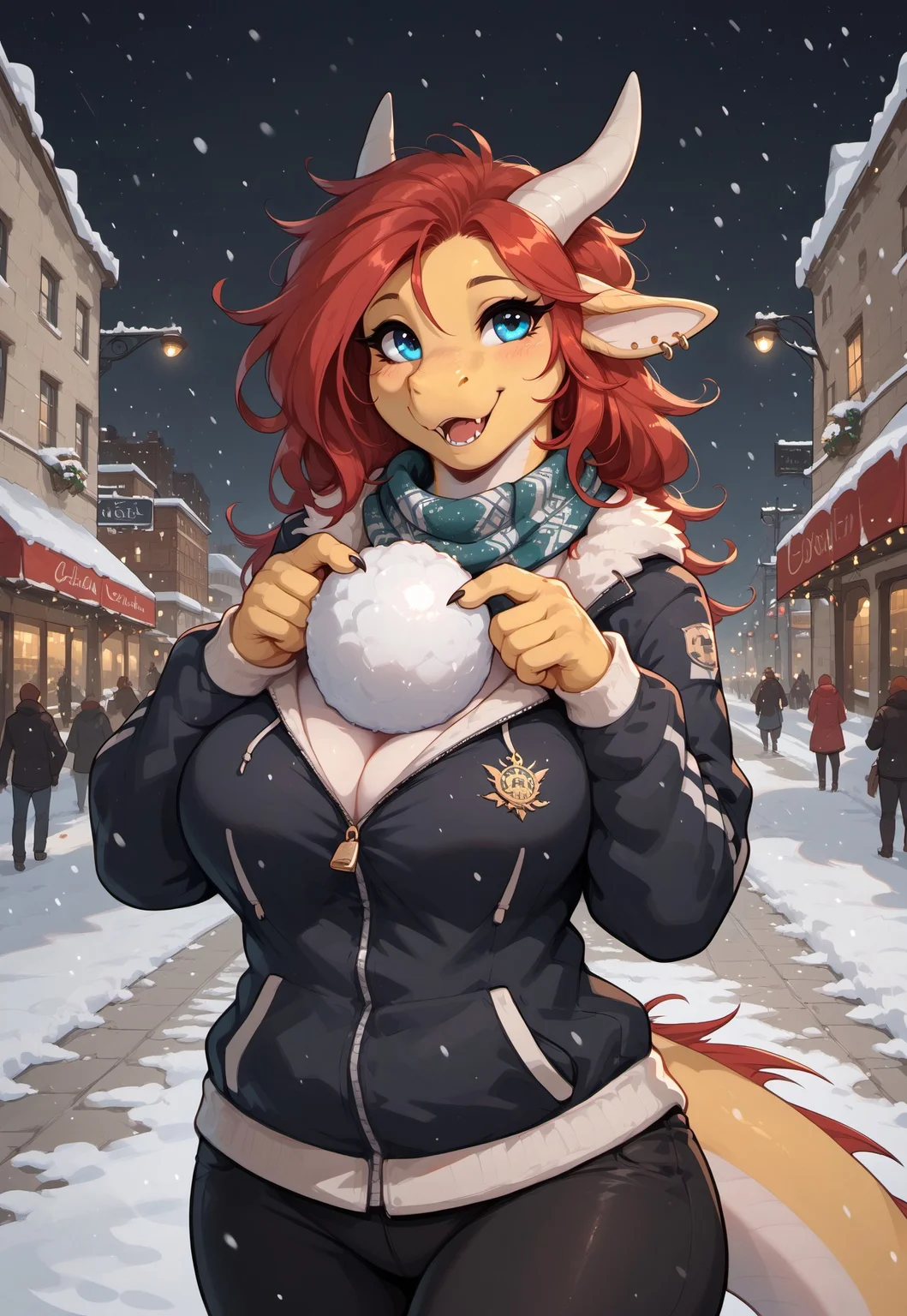 safe_pos, masterpiece, score_9_up, score_8_up, score_7_up, score_6_up, source_furry, (best quality:1.1), ultra-detailed, high resolution, solo, highly detailed macro illustration, 1girl, YaitaXL, dragon female, red hair, long hair, dragon horns, (beautiful blue eyes), snout, two-tone body, Yellow and white body, big breasts, wide hips, dragon tail, thick thighs, (happy expression, cute face:1.2), winter jacket, zipper, scarf, black leggings, earrings, (holding a snowball), playful pose, upper body BREAK snowy city street background, holiday lights twinkling, gentle snowfall, cobblestone street, light reflecting, winter night, Highly Visible, winter atmosphere BREAK sharp focus, perfect lighting, anatomically correct, extremely detailed, tranquil setting, high detail, Expressiveh, detailed background, OverallDetail, zPDXL3