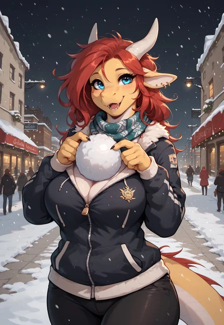 safe_pos, masterpiece, score_9_up, score_8_up, score_7_up, score_6_up, source_furry, (best quality:1.1), ultra-detailed, high resolution, solo, highly detailed macro illustration, 1girl, YaitaXL, dragon female, red hair, long hair, dragon horns, (beautiful blue eyes), snout, two-tone body, Yellow and white body, big breasts, wide hips, dragon tail, thick thighs, (happy expression, cute face:1.2), winter jacket, zipper, scarf, black leggings, earrings, (holding a snowball), playful pose, upper body BREAK snowy city street background, holiday lights twinkling, gentle snowfall, cobblestone street, light reflecting, winter night, Highly Visible, winter atmosphere BREAK sharp focus, perfect lighting, anatomically correct, extremely detailed, tranquil setting, high detail, Expressiveh, detailed background, OverallDetail, zPDXL3