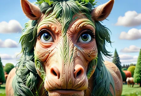 a yrnwrld horse close up, in a yrnwrld field of trees