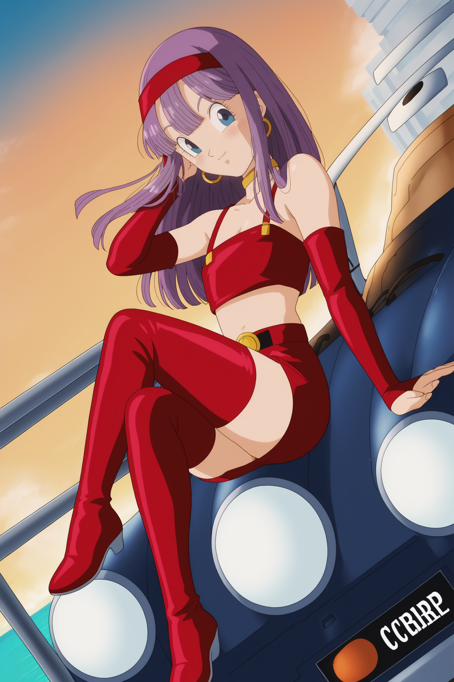 source_anime, score_9, score_8_up, score_7_up, anime screencap, absurdres, high quality,
bra \(dragon ball\), official style, 1girl, solo, long hair, purple hair, blue eyes, eyelashes, blush, hand in own hair, sitting, blue hair, red hairband, hoop earrings, flat chest, sitting on car, dutch angle, knee up, arm support, sunset, building, railing, ocean, outdoors, dusk, dot mouth, red legwear, red crop top, red armwear, red skirt, miniskirt, midriff, thigh boots, leather, belt, bridal gauntlets, straight hair, looking at viewer,
<lora:Bra_v2:0.8>