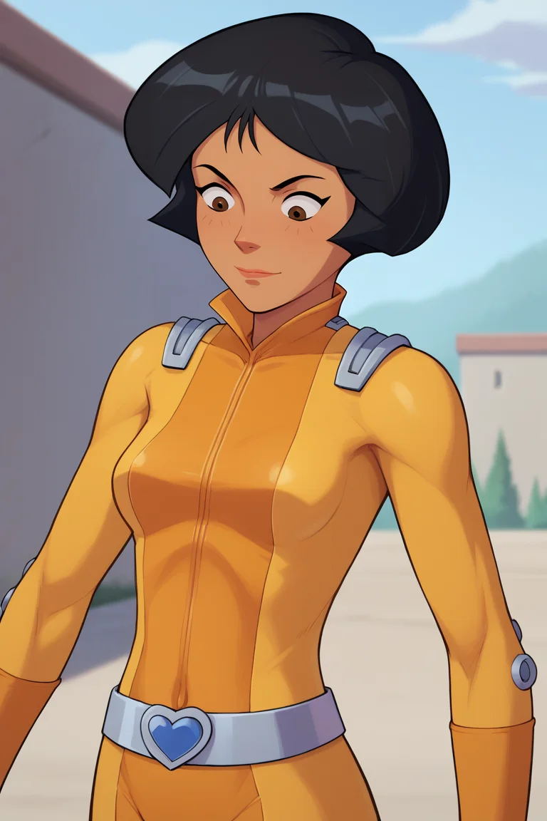 score_9, score_8_up, score_7_up, BREAK, <lora:cummybender-guy-PONYv1:1>, 1girl, solo, <lora:brj-alex-ponyXL-v0.5:0.95> alex \(totally spies\), short hair, black hair, brown eyes, , yellow bodysuit, belt, outdoors, portrait,