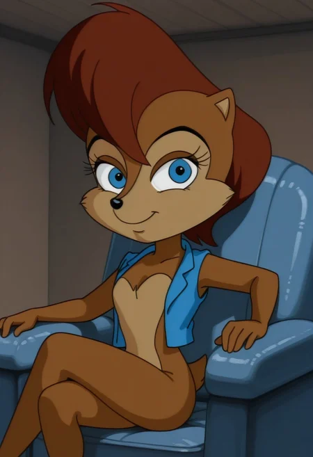best quality, masterpiece, solo, sally acorn, sleeveless blue jacket, looking at viewer, sitting, armchair, legs crossed, smile, indoors, (chibi:0.5)