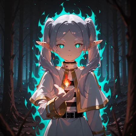 HiRes, BREAK, 1girl, masterpiece, best quality, highly detailed,, (best quality), (ultra-detailed), (best illustration), (best shadow), masterpiece, high res,best quality, highly detailed,RTX,1boy, 8k uhd, unreal engine 5 highly rendered,8k,RTX, 8k uhd,best quality, highly detailed,RTX, 8k uhd, unreal engine 5 highly rendered,8k,RTX, 8k uhd, anime_style, 2D,<lora:reij-rt:1>,masterpiece,best quality, very aesthetic, absurdres 1girl,(((solo))),petite, frieren, twintails, elf, green eyes,small breasts,silver hair,, glowing eyes, hand open,hand up,flame in hand, green aura, blurry foreground, half body,indoors,older forest,((dark background)),(glowing pupils)