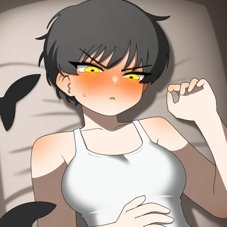 Shark girl, tomboy, shark tail, short black hair, golden eyes, blushing, white tank top, black pants, laying down in bed