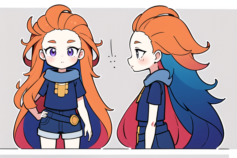 chara-sheet,(disheveled hair),[orange hair:purple buttom hair:0.8],forehead,zoe,long hair,multicolored hair,blue and purple  eyes,
masterpiece, best quality, illustration,