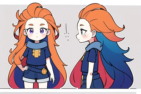 chara-sheet,(disheveled hair),[orange hair:purple buttom hair:0.8],forehead,zoe,long hair,multicolored hair,blue and purple  eyes,
masterpiece, best quality, illustration,