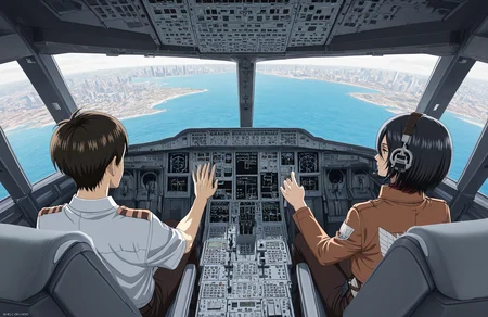anime coloring,
<lora:[Concept - IL] A380 Cockpit (R2E10):1> a380cockpit,
1boy, 1girl,
mikasa ackerman, eren yeager,
navigation display,
overhead panel,
thrust lever,
sitting, seat,
pilot uniform, headset,
indoors,
wide shot,
from behind, 
hand on thrust lever,
from above, day, sea, ocean, city, city walls,
best quality, masterpiece,
