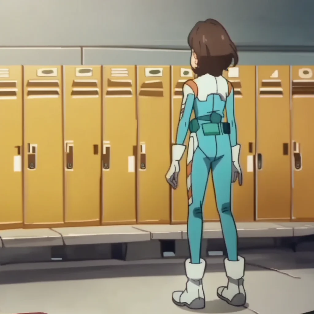 score_8, score_8_up, score_7_up, source_anime, anime screenshot, 1girl, female focus, solo, Mia_CF, brown hair, medium hair, bob cut, normal suit, pilot suit, blue bodysuit, utility belt, white gloves, ankle boots, white footwear, standing, from behind, locker room, lockers, indoors