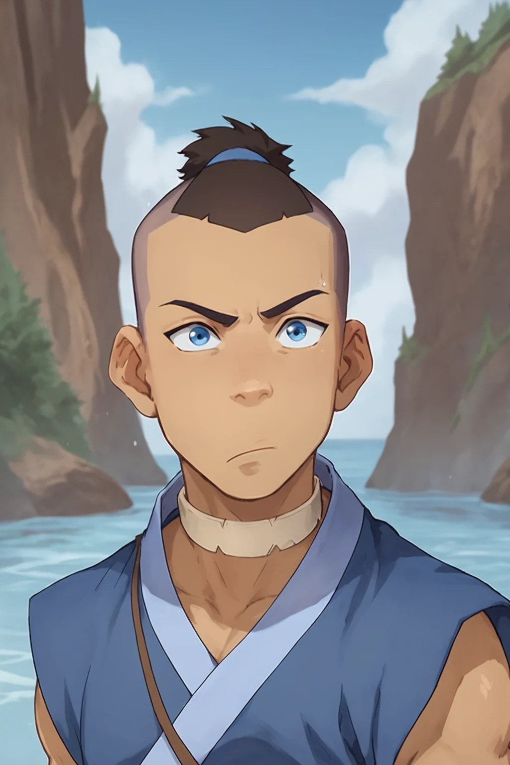 score_9, score_8_up, score_7_up, <lora:sokka:0.8>, 1boy, solo, sokka, brown hair, short hair, blue eyes, water nation clothing, undercut, topknot, looking at the viewer, frown, outdoors,
