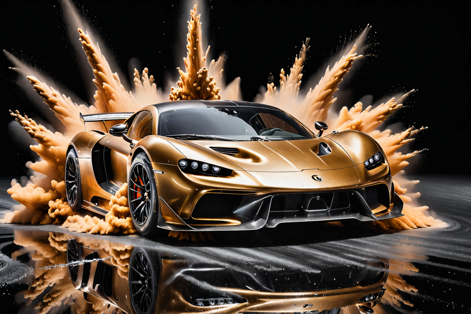 Popular Hyper car racing through LIQUID METAL, liquid metal sprays up from the cars tyres, Car drifting in a black void <lora:Add_UHD_Details_&_Text_v1:0.85> <lora:Colorful_Powder_Explosion_-_By_DICE:1>