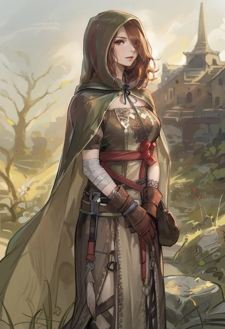 score_9, score_8_up, score_7_up,   <lora:EmeraldHeraldXL11:1.0> EmeraldHeraldXl11, Brown hair, brown eyes, hair over one eye, hooded cape, dress, medium breast, gloves, belt, bandaged arm