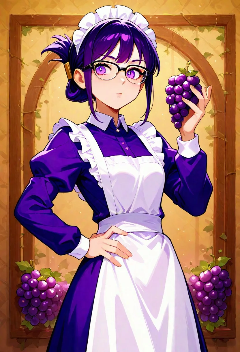 masterpiece, very aesthetic, absurdres, newest, 1girl, cowboy shot, maid, purple dress, white apron, maid headdress, purple eyes, purple hair, folded ponytail, glasses, holding a bunch of grapes in one hand, hand on hip, puzzled expression, vineyard background