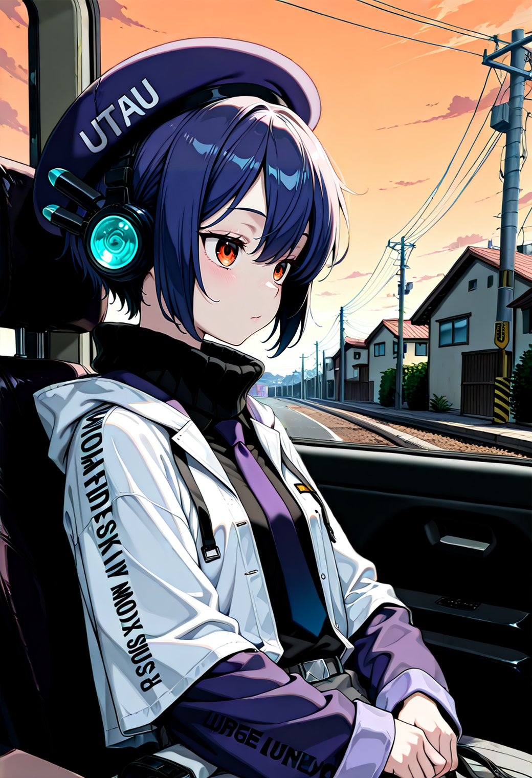 SmoothNoob_Quality <lora:TrendCraft_The_Peoples_Style_Detailer-v1.0A-3_13_2025-NoobVPRED:1> masterpiece, high quality,detailed_background,indoors,hat,purple sleeves,tsumemon,utility pole,orange eyes,red eyes,white jacket,utau,solo,jacket,1girl,beret,wolfsteak,power lines,purple hat,closed mouth,bag,orange sky,holding bag,looking at viewer,utane uta,sky,house,sleeping,sitting
