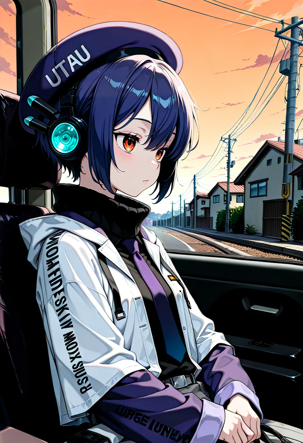 SmoothNoob_Quality <lora:TrendCraft_The_Peoples_Style_Detailer-v1.0A-3_13_2025-NoobVPRED:1> masterpiece, high quality,detailed_background,indoors,hat,purple sleeves,tsumemon,utility pole,orange eyes,red eyes,white jacket,utau,solo,jacket,1girl,beret,wolfsteak,power lines,purple hat,closed mouth,bag,orange sky,holding bag,looking at viewer,utane uta,sky,house,sleeping,sitting