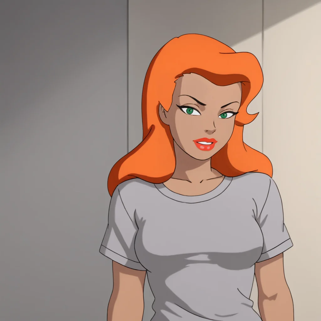 <lora:poisonivybtas_pony_v1:.8> PoisonIvyShirt, 1girl, solo,  green eyes, lipstick, t-shirt, long hair, orange hair, makeup, breasts, dark skin, short sleeves, red lips, dark-skinned female, cowboy shot