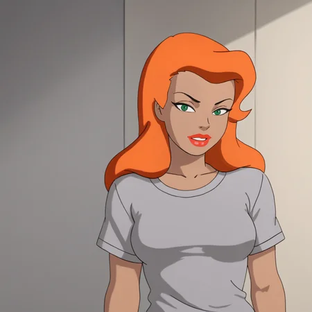 <lora:poisonivybtas_pony_v1:.8> PoisonIvyShirt, 1girl, solo,  green eyes, lipstick, t-shirt, long hair, orange hair, makeup, breasts, dark skin, short sleeves, red lips, dark-skinned female, cowboy shot