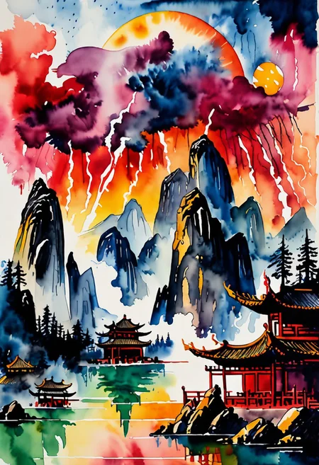 score_9, score_8_up, score_8_up, ((Cinematic composition)),((masterpiece)), (resplendent lighting), absurdres, very fine detail, 8k. Deep rich colours. Chinese watercolours and ink. 
a traditional Chinese landscape with mountains, a lake, stormy skies, pine trees and alien spaceships landing, invasion forces, sunset through the clouds, modern art. 
<lora:sdxl_lightning_8step_lora.safetensors:1.0>, <lora:add detail xl.safetensors:1.5>