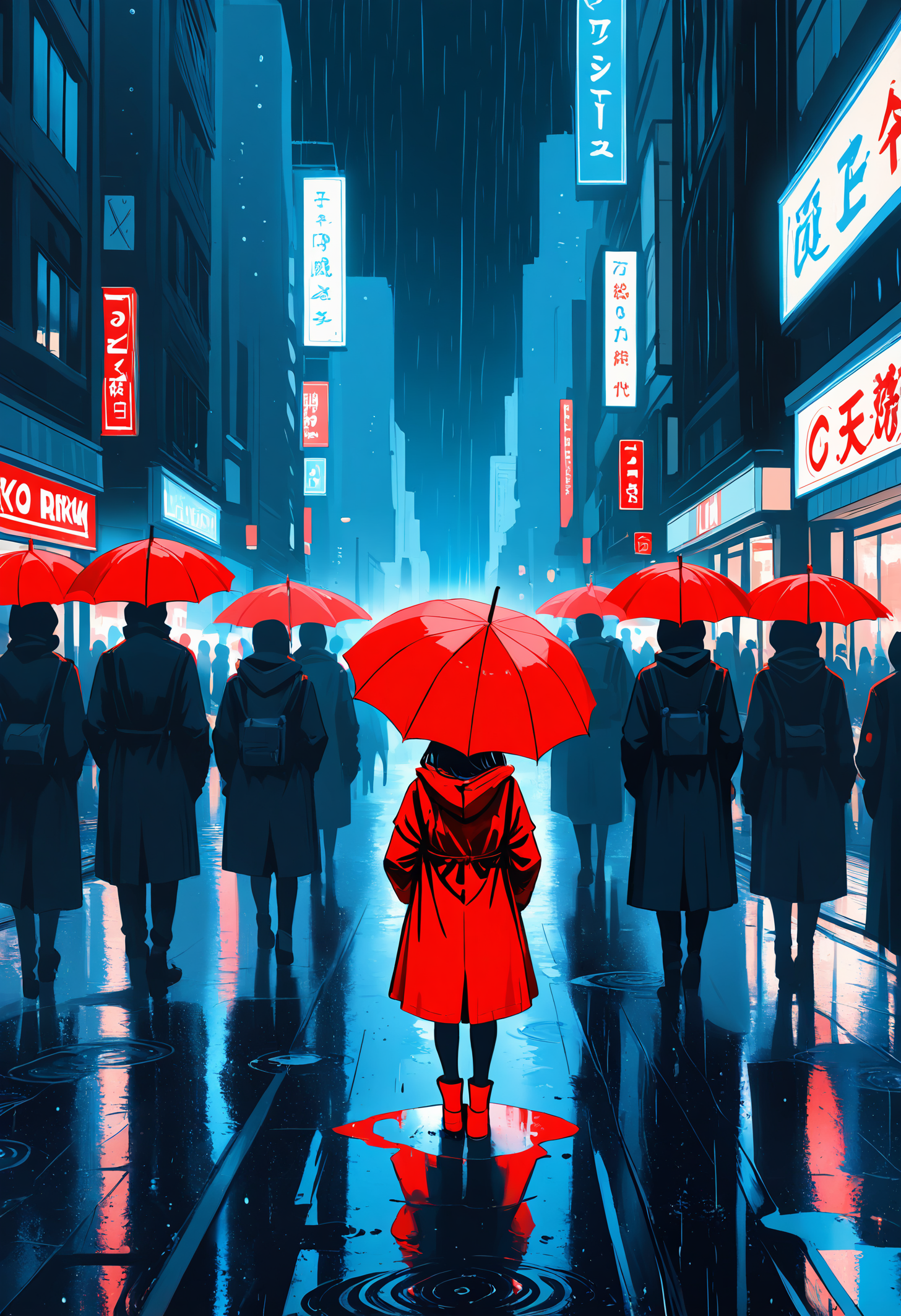 masterpiece, best quality, good quality, very awa, very aesthetic, absurdres, newest, 1girl, black_hair, long_sleeves, holding, standing, monochrome, outdoors, sky, solo_focus, from_behind, coat, night, umbrella, red_footwear, building, night_sky, spot_color, rain, holding_umbrella, city, sign, facing_away, road, cityscape, multiple_others, wide_shot, red_coat, street, crowd, puddle, raincoat, people, red_umbrella, 6+others, tokyo_\(city\)