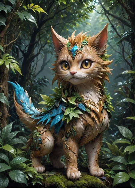 kawaii style monster hunter mizutsune, in a jungle at night, fog, cloudy sky, detailed eyes,  <lora:SDXLFaeTastic2400:0.5> ,   <lora:- SDXL - shrubbery_n_green-stuff_V1.0:0.8>, shrubbery, . cute, adorable, brightly colored, cheerful, anime influence, highly detailed