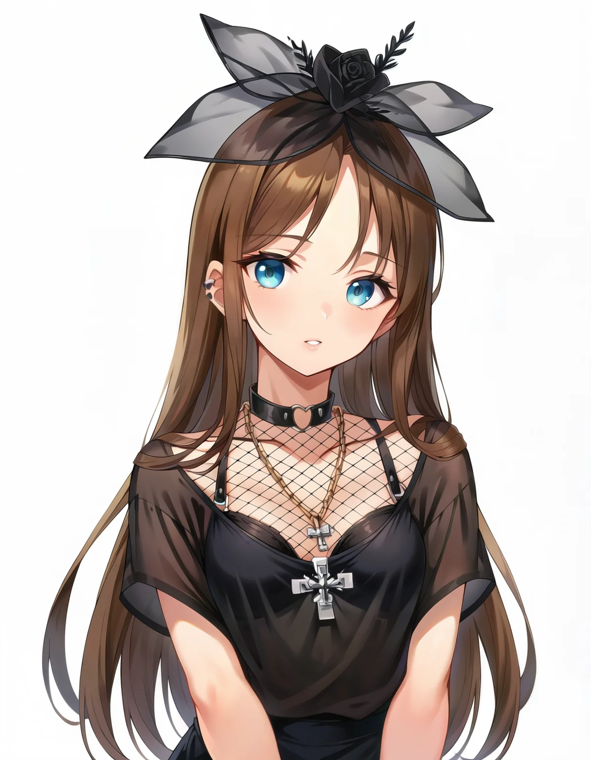 score_9,score_8_up,score_7_up,score_6_up,1girl,solo,simple background,upper body,portrait,fishnet pantyhose,long hair,brown hair,spiked bracelet,goth fashion,bra,black nails,see-through,watson cross necklace,black dress,looking at viewer,black lips,black flower headwear,sitting, <lora:MyTrainings\Temp\Goth_Dress_Fishnets_Cross_XL_Pony_ARZUMATA.safetensors:0.8>
