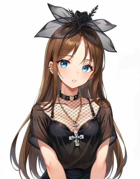 score_9,score_8_up,score_7_up,score_6_up,1girl,solo,simple background,upper body,portrait,fishnet pantyhose,long hair,brown hair,spiked bracelet,goth fashion,bra,black nails,see-through,watson cross necklace,black dress,looking at viewer,black lips,black flower headwear,sitting, <lora:MyTrainings\Temp\Goth_Dress_Fishnets_Cross_XL_Pony_ARZUMATA.safetensors:0.8>