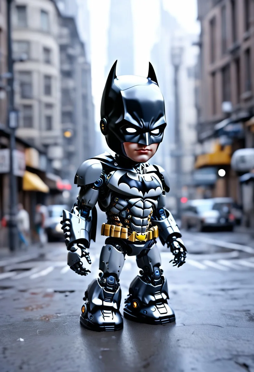 Cute Robot Batman , Jed-Rbmls, masterpiece, intricate details, street , focus blur, hd, 8k, high definition, BREAK, score_9, score_8_up, score_7_up, score_6_up,Batman1997-1024