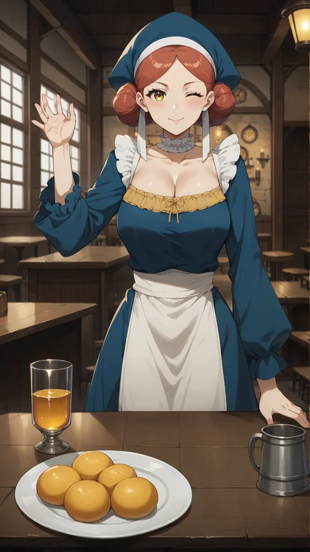 score_9,score_8_up,score_7_up,score_6_up, <lora:xl_more_art-full_v1:0.5>, source_anime, woman, dynamic pose, winking, <lora:Luka - Pony:0.8>, red hair, hair buns, yellow eyes, blue dress, long dress, blue sleeves, frilled choker, blue hat, white apron, yellow chest trim, blue top, tavern, hands on table, kind smile, closed mouth,