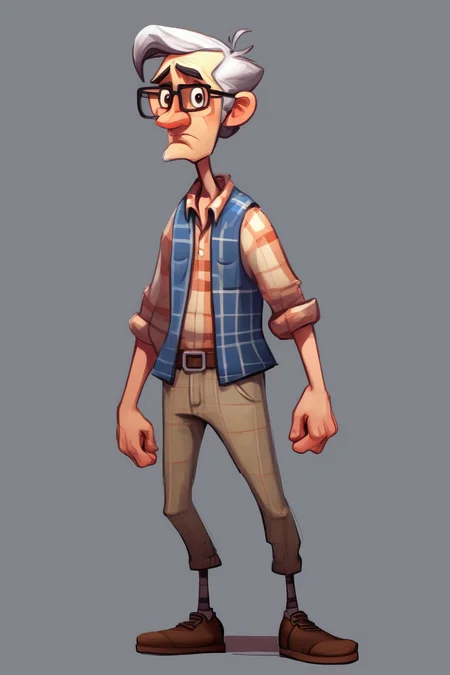 <lora:Character Design:1>Character Design - make a grumpy male in his 40s. He has human body proportions. He is a little overweight. He has grey hair. He wears a blue baseball cap and black square rimmed glasses. He is dressed in a plaid shirt and baggy khaki pants. Please sketch the character in the following poses: 1. Front View: The character is standing facing forward. He has a relaxed posture, with his arms hanging loosely by his sides. His weight is evenly distributed. 2. Side View: The character is standing in profile, facing to the right side. His arms are crossed, and he has a slight lean towards the left side. Show the baggy pants slightly sagging due to his weight. 3. Three-Quarter View: The character is standing at a slight angle, facing forward. He has one hand in his pocket, and the other hand is holding onto the brim of his baseball cap. Show the plaid pattern of his shirt and capture the wrinkles in his khaki pants. 4. Rear View: The character has turned around, facing away from the viewer. Show the back of his plaid shirt, the grey hair on the back of his head, and the slight curvature of his spine. Keep his body proportions true to the human form