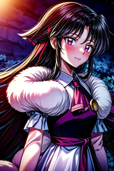 masterpiece, best quality 1girl Setsun4 solo long hair, (night time) forest background black hair very long hair purple eyes multicolored hair armor (fur trim) (medium body),<lora:EMS-179-EMS:0.800000>,<lora:EMS-293862-EMS:0.800000> bow, hair_bow, hair_tubes, red_bow, brown_hair, long_hair, bangs, sidelocks, ascot, brown_eyes, frilled_bow, yellow_ascot, blush, smile, hair_between_eyes