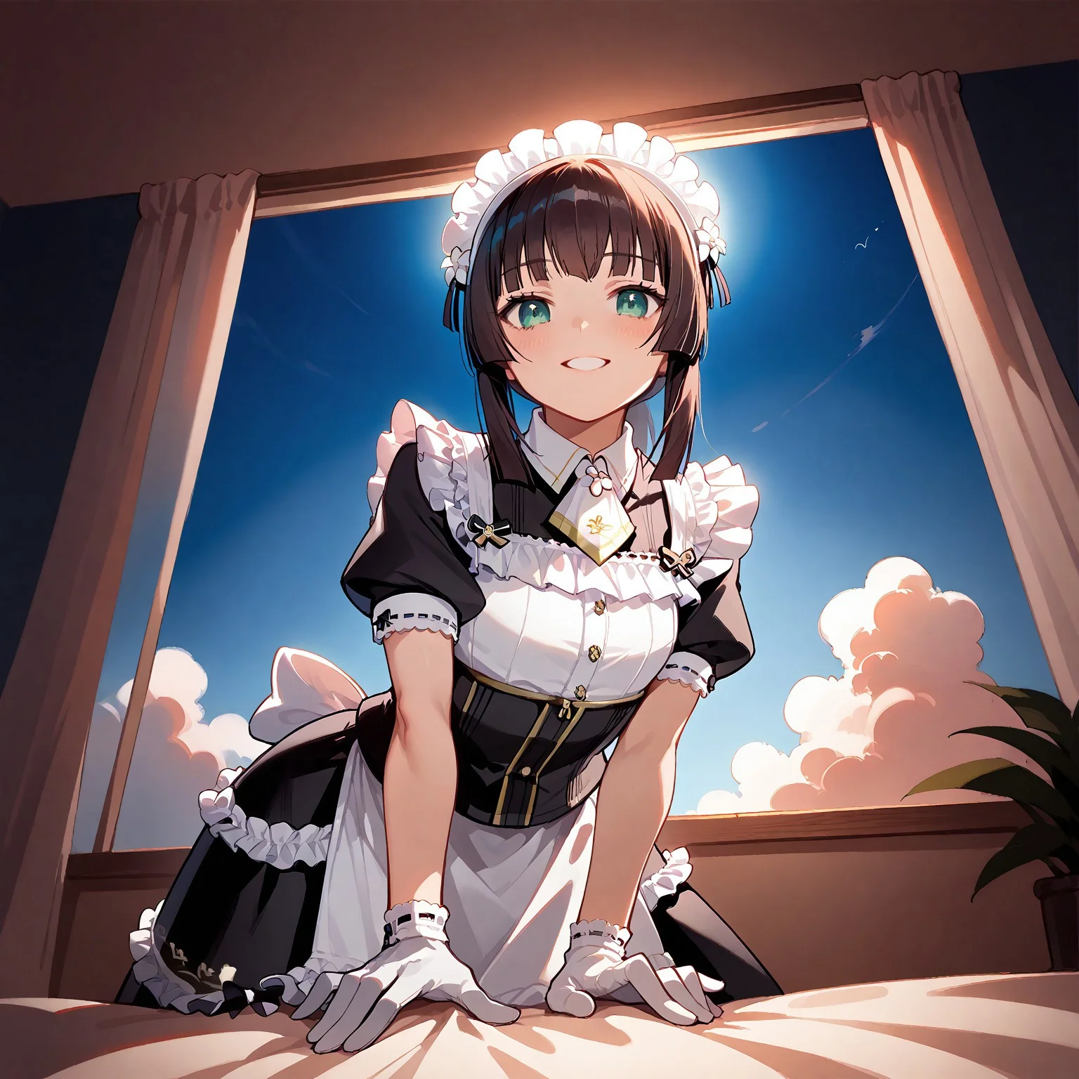 score_9, score_8_up, score_7_up, score_6_up, source_anime. zPDXL3, 1girl, solo, Mafuyu, Sofia maid outfit, Sofia maid headdress, Sofia maid gloves, looking at viewer, smile, leaning forward, bed sheet, window, sunlight, sunny, blue sky, cloud, pov, from below, backlighting
