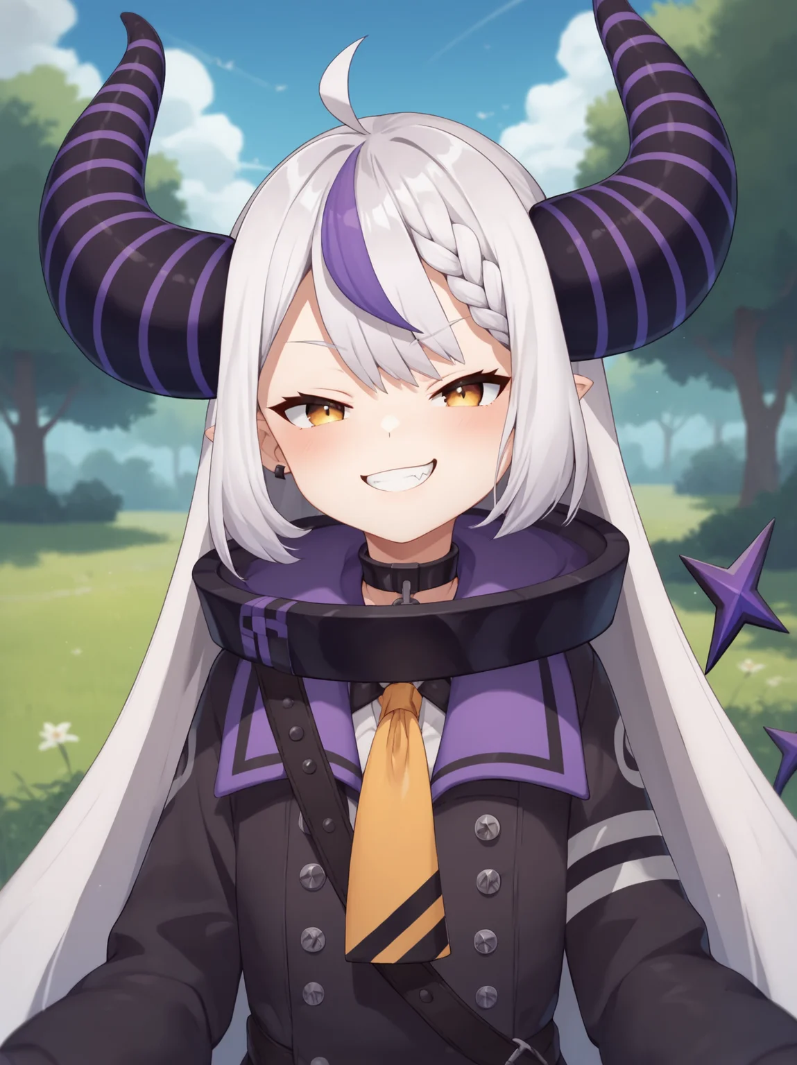 <lora:LaplusV1Pony:0.87>, laplusvt, 1girl, smug, outdoors, looking at viewer, score_9, score_8_up, score_7_up