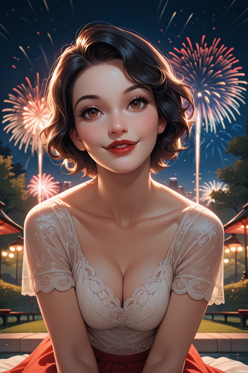 score_9, score_8_up, score_7_up,
<lora:DisneySnowWhite:0.8>
DisneySnowWhite, 1girl, black hair, brown eyes, red lips, short hair, looking at viewer, sitting, at night, fireworks, park, looking up, smile