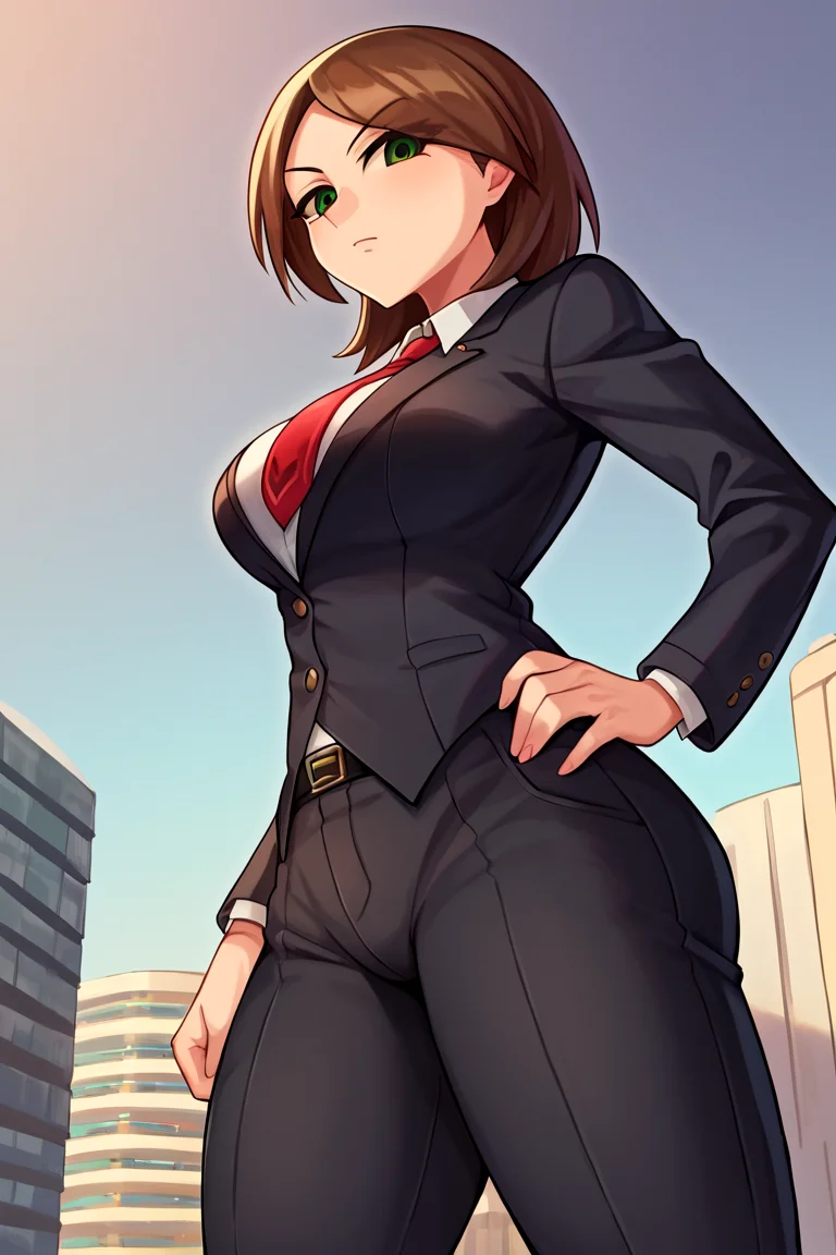 (Score_9,score_8_up,score_7_up, embedding:deep negative pony, beautiful face:0.8), BREAK 1girl, solo, sbmiigunneru, no sclera, green eyes, brown hair, parted bangs, medium hair, curvy, Black suit jacket, Suit, necktie, pant suit, cowboy shot, rooftop, city skyline, serious, standing, from below, hand on own hip, clenched hand, arm at side