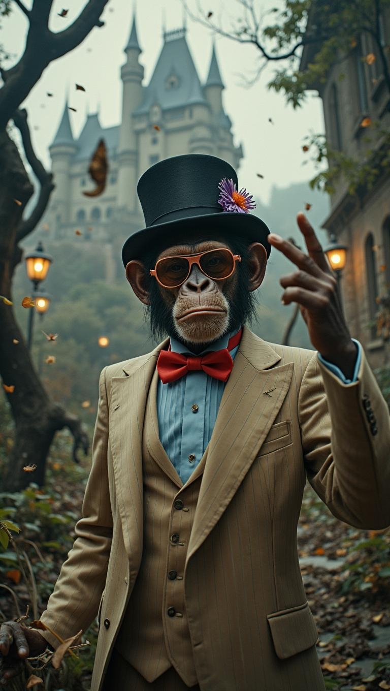 <lora:1970's (Boogie Nights Film style) v1.safetensors:1> 1970's
The scene erupts into a whirlwind of frenetic activity, as if the very air is alive with the energy of a Victorian-era carnival. The chimpanzee, now a distinguished gentleman in his 40s, stands at the center, his finely tailored beige pinstripe suit flaring out in the gusts of wind. The red bow tie and light blue shirt seem to ripple like the sails of a ship caught in a storm. His black top hat, adorned with vibrant coral and purple blossoms, spins wildly, the flowers catching the light in fleeting, dazzling bursts.
The oversized, rose-tinted sunglasses reflect the chaotic scene around him, their lenses catching the streaks of light from distant lanterns and the swirling debris. The chimp's expression, once serene, is now one of intense focus, as if he is about to unleash a powerful force.
Behind him, the gothic-style castle looms larger than ever, its towers and spires piercing the sky. The shadows and mist swirl around it, creating a vortex of mystery and menace. Gnarled trees with twisted branches lash out, their leaves and branches flying in every direction, adding to the sense of urgency.
A butterfly, its wings a blur of motion, flutters frantically in front of the chimpanzee, its delicate flight contrasted by the chaotic environment. The small branch the chimp holds is now a weapon, brandished with a dynamism that suggests he is about to strike. The scene is a symphony of movement, every element contributing to a fast-paced rhythm that keeps the viewer on the edge of their seat, drawn into a world where every moment is filled with intense action and excitement.