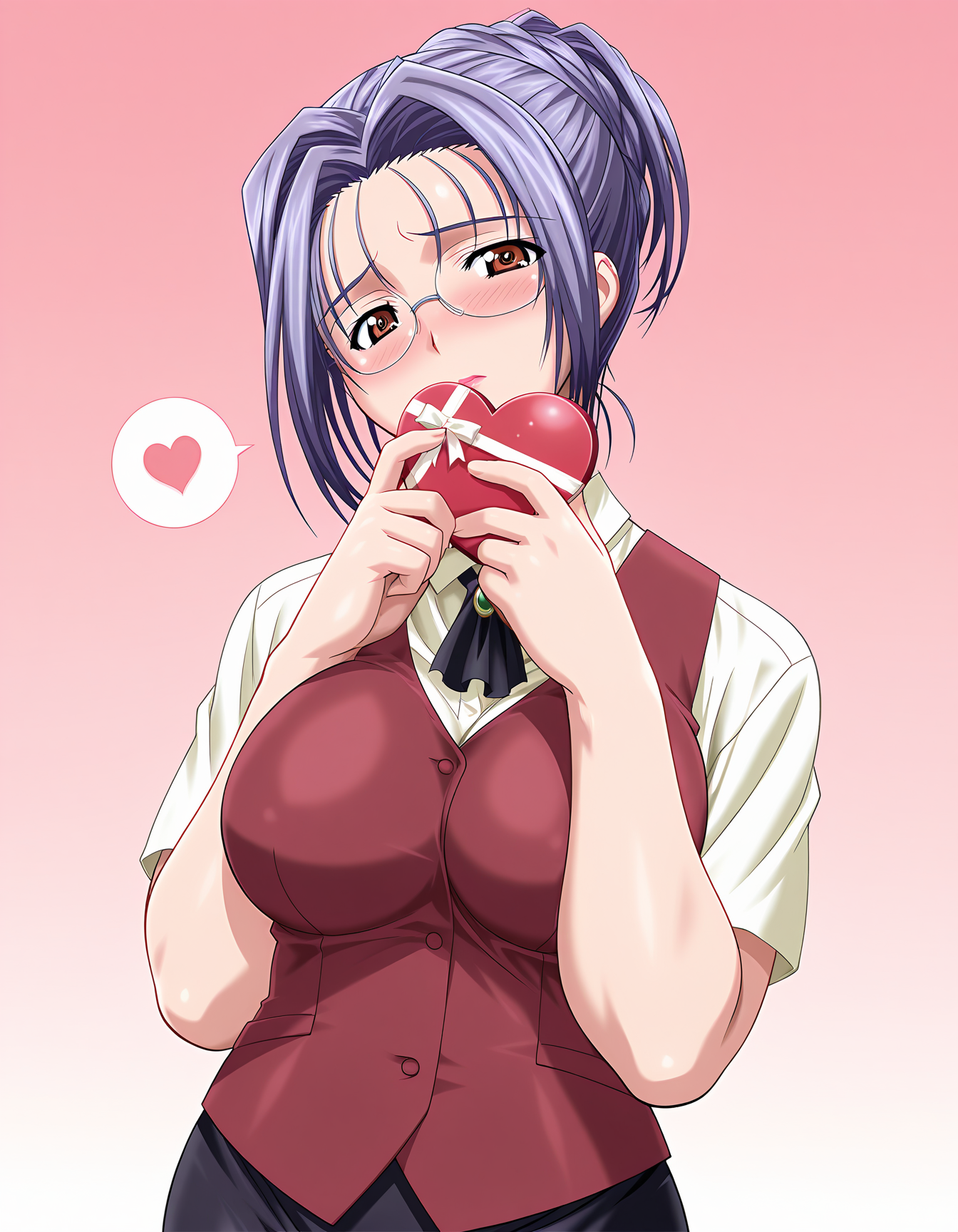 masterpiece, best quality, amazing quality, official art, ultra highres, very aesthetic,
1girl, mature female, katsuragi_megumi, glasses, hair up, purple hair, brown eyes, makeup, large breasts, 
red teacher, black pencil skirt, pantyhose BREAK 
seductive charm, lovestruck, blush, head tilt, looking at viewer, spoken heart, 
standing, holding heart gift, hand over own mouth, gradient background, pink background, front view, upper body, highly detailed, best hands, cinematic lighting
<lora:katsuragi megumi v1.0-000010:1>