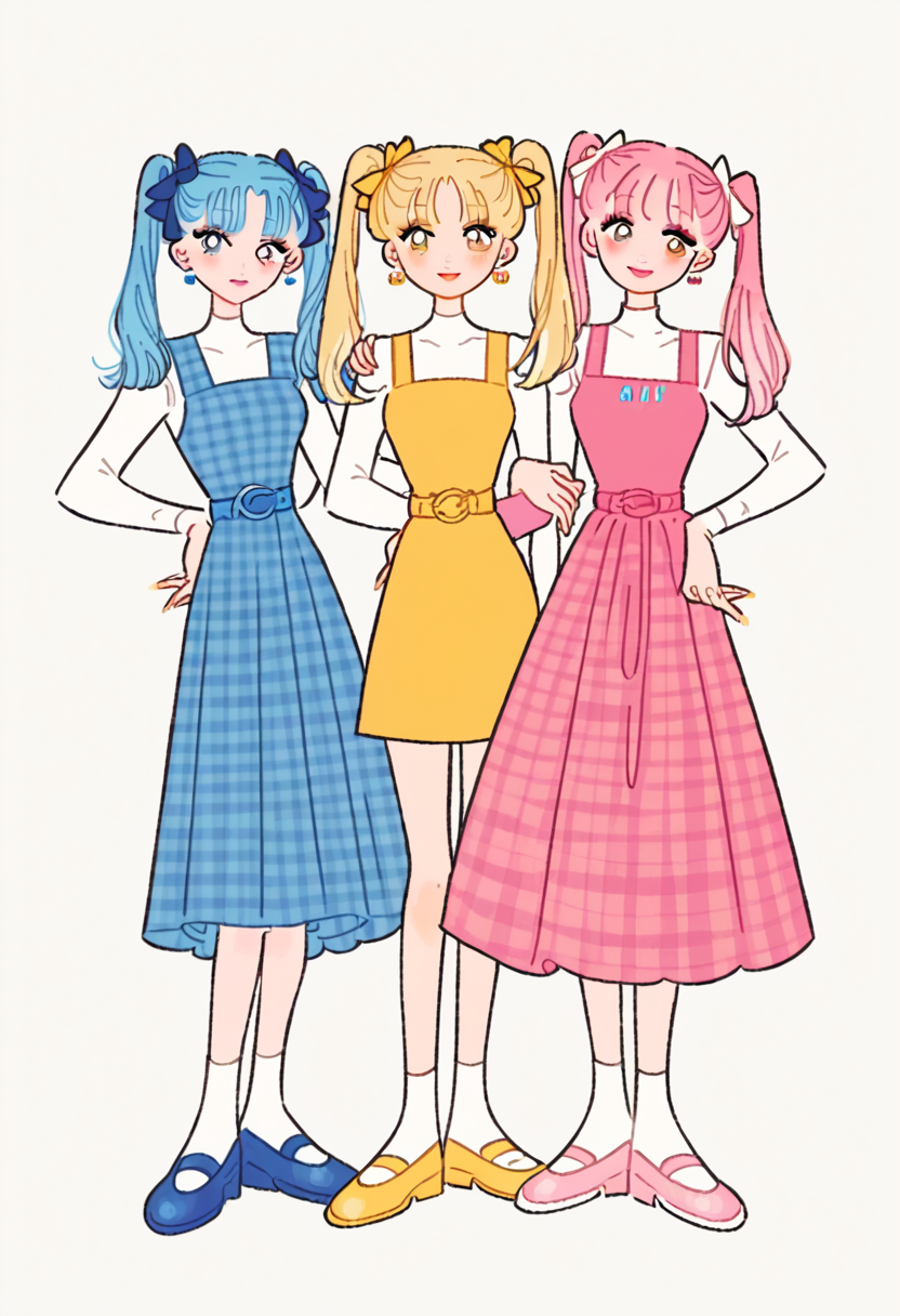 score_9, score_8_up, score_7_up, score_6_up, source_anime, <lora:rikuwo_v0.3-pony:1>
long hair, looking at viewer, smile, bangs, blue eyes, multiple girls, blonde hair, simple background, shirt, long sleeves, white background, dress, bow, ribbon, twintails, brown eyes, jewelry, blue hair, standing, full body, hair ribbon, yellow eyes, white shirt, pink hair, short sleeves, hair bow, heart, earrings, shoes, choker, socks, puffy sleeves, belt, 3girls, blunt bangs, hand on hip, parted bangs, grey eyes, plaid, makeup, blue dress, turtleneck, blue bow, short dress, lipstick, pink bow, pink dress, mary janes, blue footwear, pink lips, pink footwear, pinafore dress, yellow dress, locked arms, arm hug, plaid dress, lineup, watson cross, blue belt, fashion, matching outfit, pastel colors, yellow belt, pink belt