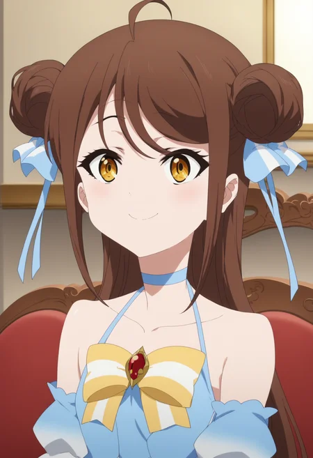 score_9, score_8_up, score_7_up, score_6_up, score_5_up, score_4_up , anime coloring ,BREAK source_anime, anime,screencap, <lora:Pony Silver Meteor Style:1>
1girl, solo, falanyaa, bare shoulders, chest bow, blue hair ribbon, detached sleeves, gold bangle, blue dress, blue choker, <lora:PonyXL Falanya:1>
indoors, upper body,
smile, looking at viewer,