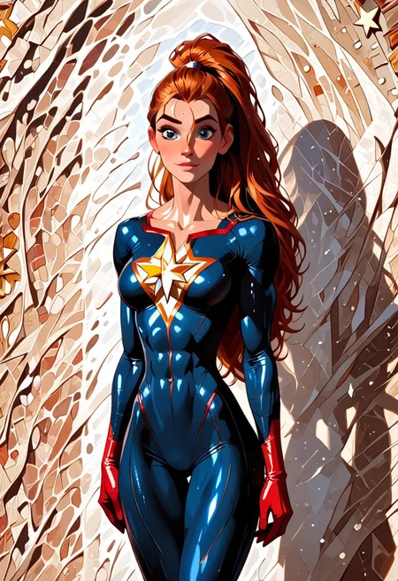 score_9, score_8_up, score_7_up, source_cartoon, graphic novel, illustration, line art, digital painting, best quality, looking at viewer, hourglass figure, round breasts, 3/4ths view, 4ng3l face, beautiful, blue superhero girl, patriot, patriotic, American, strong woman, skinny, strong, long hair, orange hair, ((redhead)), blue eyes, pointy nose, ponytail, oiled skin, long eyelashes, brown eyebrows, eyeshadow, athletic fit body, defined muscles, strong biceps, defined glutes and leg muscles, ((white star:1.5)), star centered on chest, blue superhero outfit, long sleeves, red accents, elbow-length red gloves, armored gloves, standing tall and proud