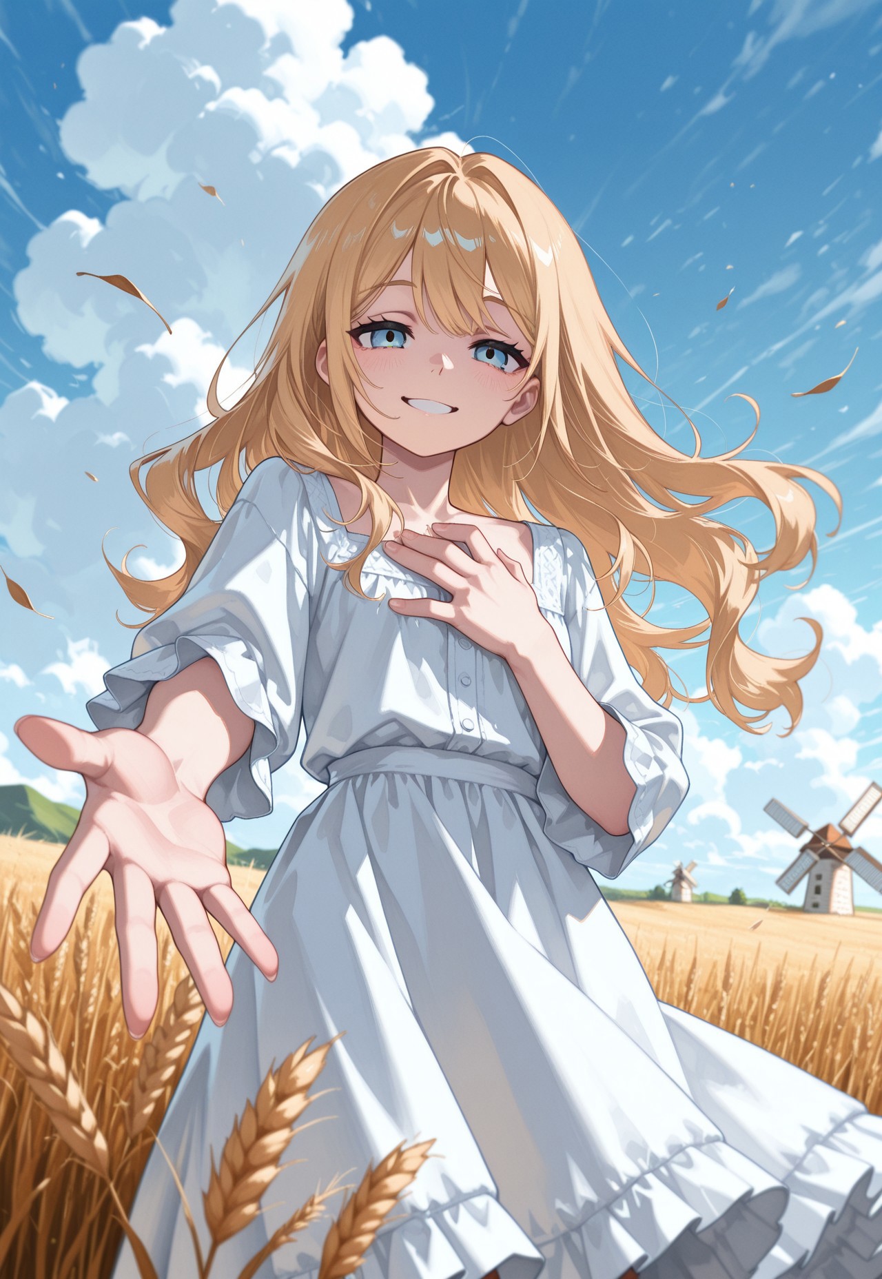 1girl, solo, long wavy golden hair, sky blue eyes, white blouse, soft flowing skirt, hand on chest,hand reaching out,toward viewer, smiles,, smiling freely, blue sky with fluffy clouds, gentle breeze,grassy hilltop , cloudy sky, falling leaves, wheat, windmill,
BREAK
masterpiece, best quality, amazing quality, newest, absurdres,