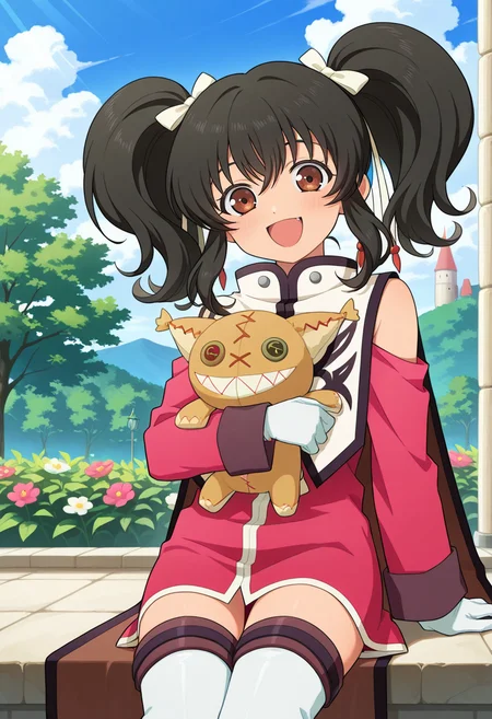 castle, trees, flowers, clouds, day, outdoor,
BREAK,
open smile, sitting,
cowboy shot, hugging tokunaga, tokunaga, hugging doll,
BREAK,
<lora:aniseover_illustriousXL_v01:0.9>
anisedef, black hair, brown eyes, twintails, sidelocks, hair bow,
anisebase, white gloves, bare shoulders, detached collar, long sleeves, off shoulder, pink robe, tabard, capelet,
thigh boots, white thigh boots,
anisesheath,, source_anime, very aesthetic, anime coloring, masterpiece,
best quality, amazing quality, ultra detailed, very aesthetic,
detailed background,
BREAK,