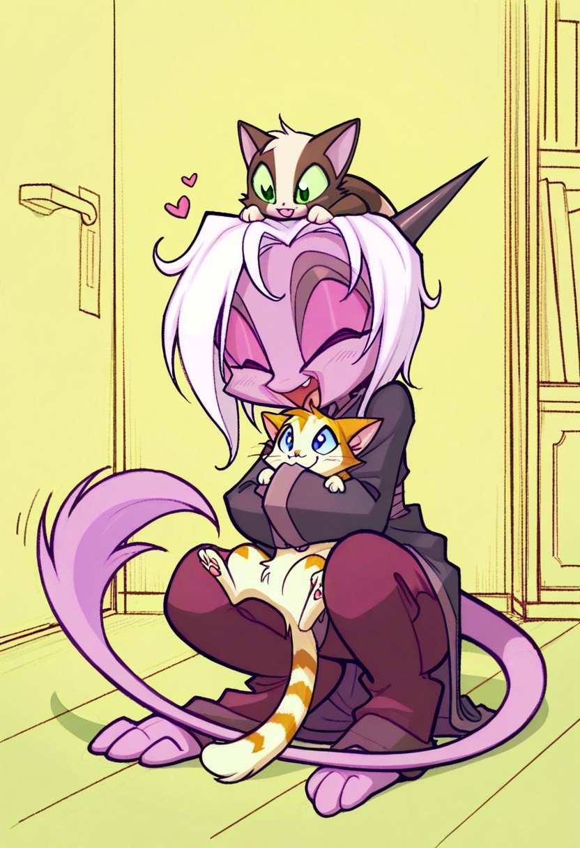 score_9, score_8_up, score_7_up,namah_calah,
1girl,solo,furry,tail, source_furry,horns,
 ,<lora:namah_calah_illustrious:0.8>,
child, kid,
animal, cat, cute, playing with animal, happy, fluffy, petting, indoors, soft shading, paw pads, excited, heart symbol, plays with a fluffy kitten, giggling as she gently pats its head. The kitten reaches out with tiny paws, looking playful. The background is warm and soft, adding to the wholesome mood