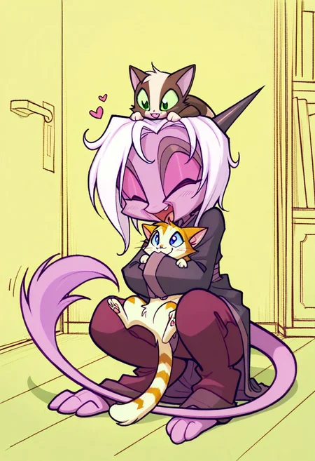score_9, score_8_up, score_7_up,namah_calah,
1girl,solo,furry,tail, source_furry,horns,
,<lora:namah_calah_illustrious:0.8>,
child, kid,
animal, cat, cute, playing with animal, happy, fluffy, petting, indoors, soft shading, paw pads, excited, heart symbol, plays with a fluffy kitten, giggling as she gently pats its head. The kitten reaches out with tiny paws, looking playful. The background is warm and soft, adding to the wholesome mood