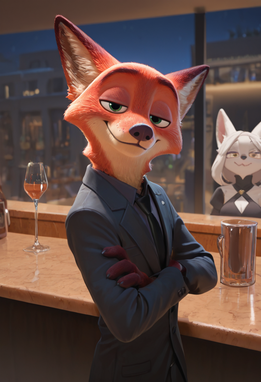 (masterpiece, best quality:1.2), amazing quality, very aesthetic, 32k, absurdres, extremely beautiful, newest, scenery, extra details, (sharp detailed:1.2),
night club, at the bar,
wearing a black suit, cocky smile, waking toward viewer,
(anthro:1.5), (nickwilde:1.2, male anthro fox), two tone fur, fox ears, red fur, white fur, green eyes,
 <lora:Furry_Anthro_Lora_Nick_Wilde_Zootopia:0.8>