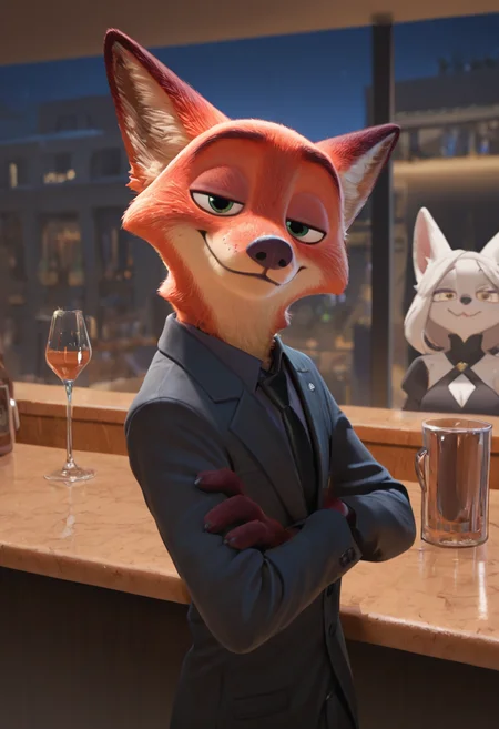 (masterpiece, best quality:1.2), amazing quality, very aesthetic, 32k, absurdres, extremely beautiful, newest, scenery, extra details, (sharp detailed:1.2),
night club, at the bar,
wearing a black suit, cocky smile, waking toward viewer,
(anthro:1.5), (nickwilde:1.2, male anthro fox), two tone fur, fox ears, red fur, white fur, green eyes,
<lora:Furry_Anthro_Lora_Nick_Wilde_Zootopia:0.8>