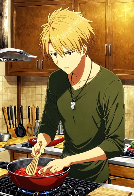 high resolution, solo, best quality, 1Boy, Yamato Ishida, Blond Hair, Necklace, cooking, kitchen, OverallDetail