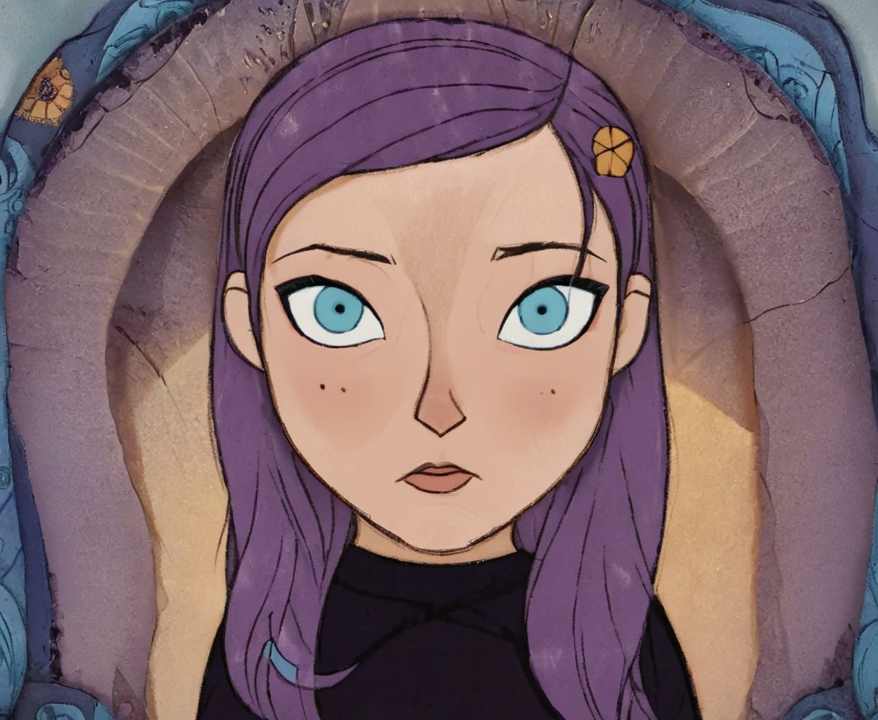cartoon saloon, awoman with purple hair and blue eyes <lora:Cartoon_Saloon_Style_XL_kk:1>