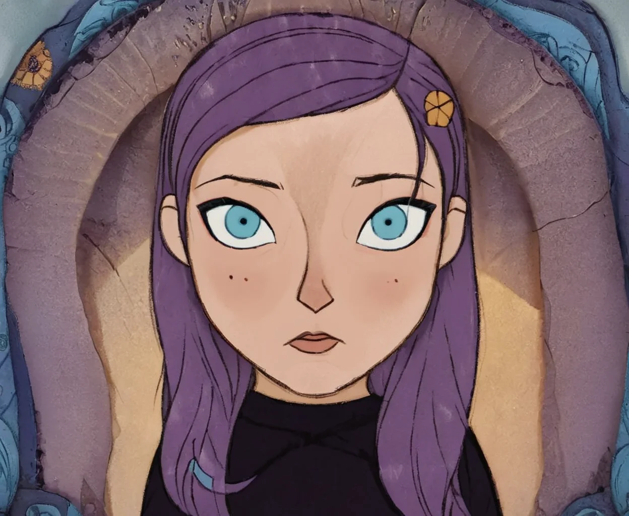 cartoon saloon, awoman with purple hair and blue eyes <lora:Cartoon_Saloon_Style_XL_kk:1>