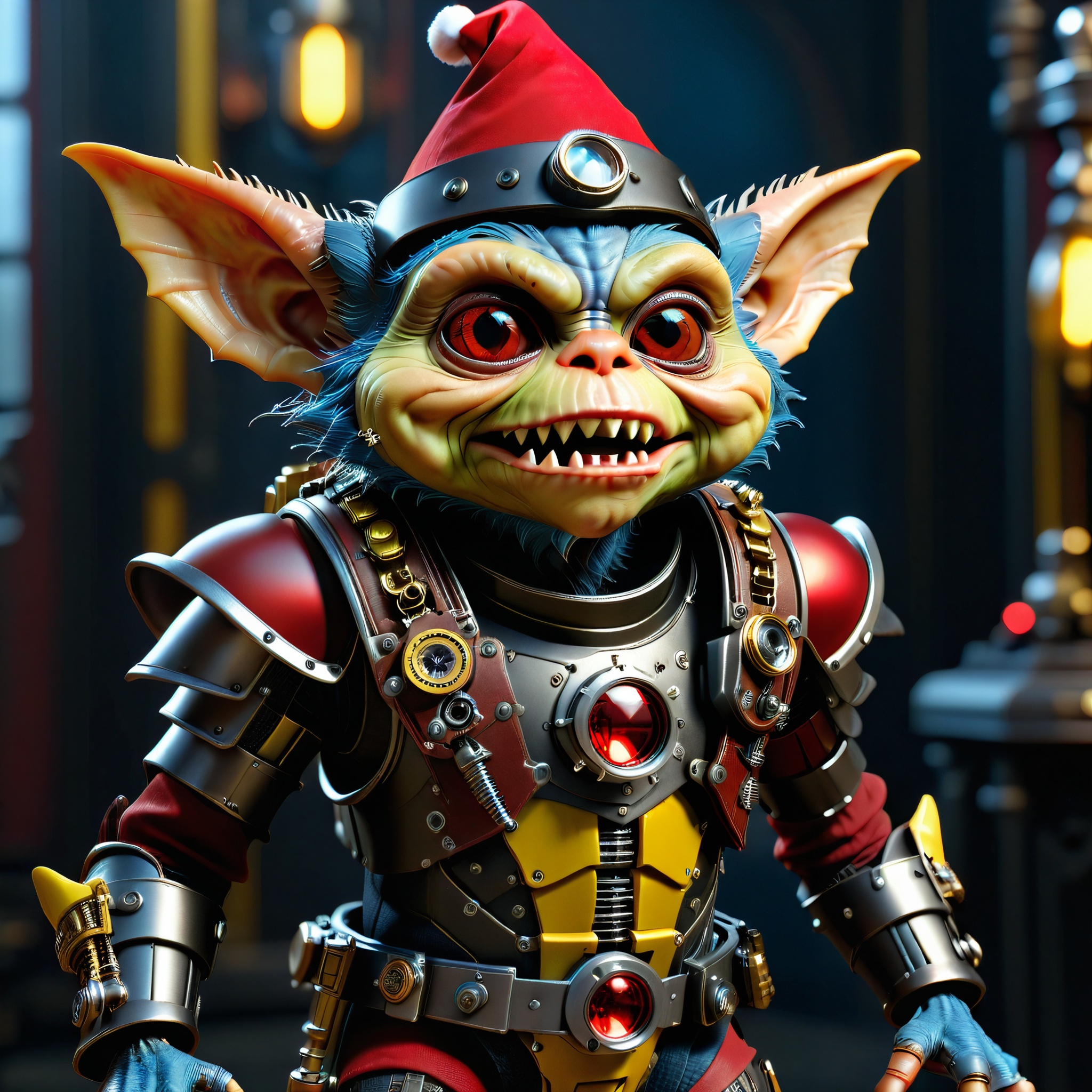masterpiece, intricate photo of chritmas mechanical robot gremlin in knight armor with santa claus cap, vampire clothing, cyberpunk style, steampunk style, gothic art, yellow red blue black dress, hyper realistic, highly detailed, sharp focus, best quality, 8K